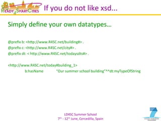LD4SC	
  Summer	
  School	
  
7th	
  -­‐	
  12th	
  June,	
  Cercedilla,	
  Spain	
  
If	
  you	
  do	
  not	
  like	
  xsd...	
  
Simply	
  deﬁne	
  your	
  own	
  datatypes…	
  
	
  
@preﬁx	
  b:	
  <hIp://www.R4SC.net/building#>	
  .	
  	
  
@preﬁx	
  c:	
  <hIp://www.R4SC.net/city#>	
  .	
  	
  
@preﬁx	
  dt:	
  <	
  hIp://www.R4SC.net/todaysdts#>	
  .	
  
	
  
<hIp://www.R4SC.net/today#building_1>	
  	
  
	
  	
  b:hasName 	
  “Our	
  summer	
  school	
  building”^^dt:myTypeOfString	
  
	
  
	
  
	
  
 