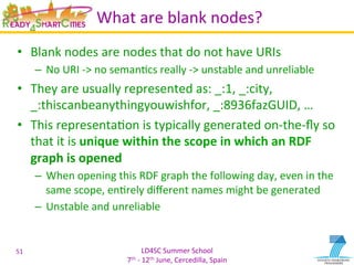 LD4SC	
  Summer	
  School	
  
7th	
  -­‐	
  12th	
  June,	
  Cercedilla,	
  Spain	
  
What	
  are	
  blank	
  nodes?	
  
•  Blank	
  nodes	
  are	
  nodes	
  that	
  do	
  not	
  have	
  URIs	
  
–  No	
  URI	
  -­‐>	
  no	
  semanYcs	
  really	
  -­‐>	
  unstable	
  and	
  unreliable	
  
•  They	
  are	
  usually	
  represented	
  as:	
  _:1,	
  _:city,	
  
_:thiscanbeanythingyouwishfor,	
  _:8936fazGUID,	
  …	
  
•  This	
  representaYon	
  is	
  typically	
  generated	
  on-­‐the-­‐ﬂy	
  so	
  
that	
  it	
  is	
  unique	
  within	
  the	
  scope	
  in	
  which	
  an	
  RDF	
  
graph	
  is	
  opened	
  
–  When	
  opening	
  this	
  RDF	
  graph	
  the	
  following	
  day,	
  even	
  in	
  the	
  
same	
  scope,	
  enYrely	
  diﬀerent	
  names	
  might	
  be	
  generated	
  
–  Unstable	
  and	
  unreliable	
  
51	
  
 