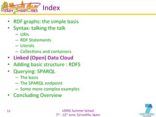 LD4SC	
  Summer	
  School	
  
7th	
  -­‐	
  12th	
  June,	
  Cercedilla,	
  Spain	
  
Index	
  
•  RDF	
  graphs:	
  the	
  simple	
  basis	
  
•  Syntax:	
  talking	
  the	
  talk	
  
–  URIs	
  
–  RDF	
  Statements	
  
–  Literals	
  
–  CollecYons	
  and	
  containers	
  
•  Linked	
  (Open)	
  Data	
  Cloud	
  
•  Adding	
  basic	
  structure	
  :	
  RDFS	
  
•  Querying:	
  SPARQL	
  
–  The	
  basis	
  
–  The	
  SPARQL	
  endpoint	
  
–  Some	
  more	
  complex	
  examples	
  
•  Concluding	
  Overview	
  
53	
  
 