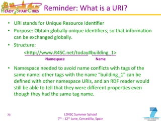 LD4SC	
  Summer	
  School	
  
7th	
  -­‐	
  12th	
  June,	
  Cercedilla,	
  Spain	
  
Reminder:	
  What	
  is	
  a	
  URI?	
  
•  URI	
  stands	
  for	
  Unique	
  Resource	
  IdenYﬁer	
  
•  Purpose:	
  Obtain	
  globally	
  unique	
  idenYﬁers,	
  so	
  that	
  informaYon	
  
can	
  be	
  exchanged	
  globally.	
  
•  Structure:	
  
	
  <hIp://www.R4SC.net/today#building_1>	
  
•  Namespace	
  needed	
  to	
  avoid	
  name	
  conﬂicts	
  with	
  tags	
  of	
  the	
  
same	
  name:	
  other	
  tags	
  with	
  the	
  name	
  “building_1"	
  can	
  be	
  
deﬁned	
  with	
  other	
  namespace	
  URIs,	
  and	
  an	
  RDF	
  reader	
  would	
  
sYll	
  be	
  able	
  to	
  tell	
  that	
  they	
  were	
  diﬀerent	
  properYes	
  even	
  
though	
  they	
  had	
  the	
  same	
  tag	
  name.	
  
73	
  
Namespace	
   Name	
  
 