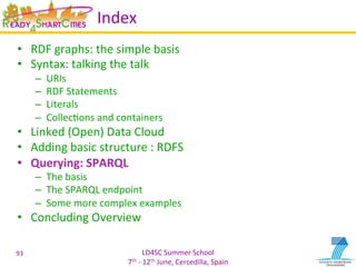 LD4SC	
  Summer	
  School	
  
7th	
  -­‐	
  12th	
  June,	
  Cercedilla,	
  Spain	
  
Index	
  
•  RDF	
  graphs:	
  the	
  simple	
  basis	
  
•  Syntax:	
  talking	
  the	
  talk	
  
–  URIs	
  
–  RDF	
  Statements	
  
–  Literals	
  
–  CollecYons	
  and	
  containers	
  
•  Linked	
  (Open)	
  Data	
  Cloud	
  
•  Adding	
  basic	
  structure	
  :	
  RDFS	
  
•  Querying:	
  SPARQL	
  
–  The	
  basis	
  
–  The	
  SPARQL	
  endpoint	
  
–  Some	
  more	
  complex	
  examples	
  
•  Concluding	
  Overview	
  
93	
  
 