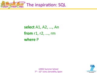LD4SC	
  Summer	
  School	
  
7th	
  -­‐	
  12th	
  June,	
  Cercedilla,	
  Spain	
  
The	
  inspiraYon:	
  SQL	
  
	
  
	
  
	
   	
  select	
  A1,	
  A2,	
  ...,	
  An	
  
	
   	
  from	
  r1,	
  r2,	
  ...,	
  rm	
  
	
   	
  where	
  P	
  
 