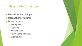 1. Hazard Identification
 Hazards of natural gas
 Occupational hazards
 Other hazards:
 Earthquake
 Lightning
 Aircraft crash
 Heavy vehicle impact
 External fire
 
