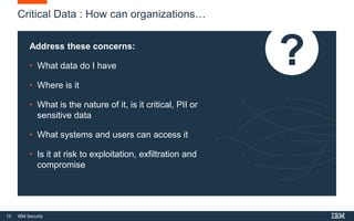 15 IBM Security
Critical Data : How can organizations…
Address these concerns:
• What data do I have
• Where is it
• What is the nature of it, is it critical, PII or
sensitive data
• What systems and users can access it
• Is it at risk to exploitation, exfiltration and
compromise
 