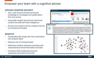 23 IBM Security
Empower your team with a cognitive advisor
APPLIED COGNITIVE SECURITY
• Tap a vast amount of external security
knowledge to investigate and qualify alerts
from any source
• Actionable insights derived from both local
context and external threat intelligence
• Precise and evidence driven analysis that can
be reviewed and taught
BENEFITS
• Accelerates alert triage with more automation
and analysis depth
• Reduces risk of missing threats
• Optimizes incident response processes with
comprehensive threat information and data
• Increases SOC Analyst learning and
awareness of threat environment
 