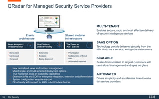 54 IBM Security
QRadar for Managed Security Service Providers
MULTI-TENANT
Enables secure, rapid and cost effective delivery
of security intelligence services
SAAS OPTION
Technology quickly delivered globally from the
IBM cloud as a service, with global datacenters
SCALABLE
Scales from smallest to largest customers with
centralized management and eyes on glass
AUTOMATED
Drives simplicity and accelerates time-to-value
for service providers
Elastic
architecture
Shared modular
infrastructure
• New centralized views and incident management
• Mixed single- and multi-tenanted deployment options
• True horizontal, snap-on scalability capabilities
• Extensive APIs and SDK for enterprise integration, extension and differentiation
• System configuration template support
• Cloud ready with support for 400+ out-of-the-box devices
Sense Analytics
Threat Detection
One Platform,
Unified Visibility
The Power to
Act – at Scale
• Behavioral
• Contextual
• Temporal
• Extensible
• Scalable
• Easily deployed
• Prioritization
• Collaboration of threat
data
• Automated response
 