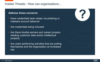 9 IBM Security
Insider Threats : How can organizations…
Address these concerns:
• Have credentials been stolen via phishing or
malware account takeover
• Are credentials being misused
• Are there double earners and career jumpers
stealing customer data and/or intellectual
property
• Are users performing activities that are putting
themselves and the organization at increased
risk
 