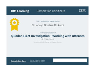 This certificate is presented to
Ekundayo Oludare Olukemi
for the completion of
QRadar SIEM Investigation - Working with Offenses
(ILP-SLA_2018)
According to the IBM Learner Portal system of record
 