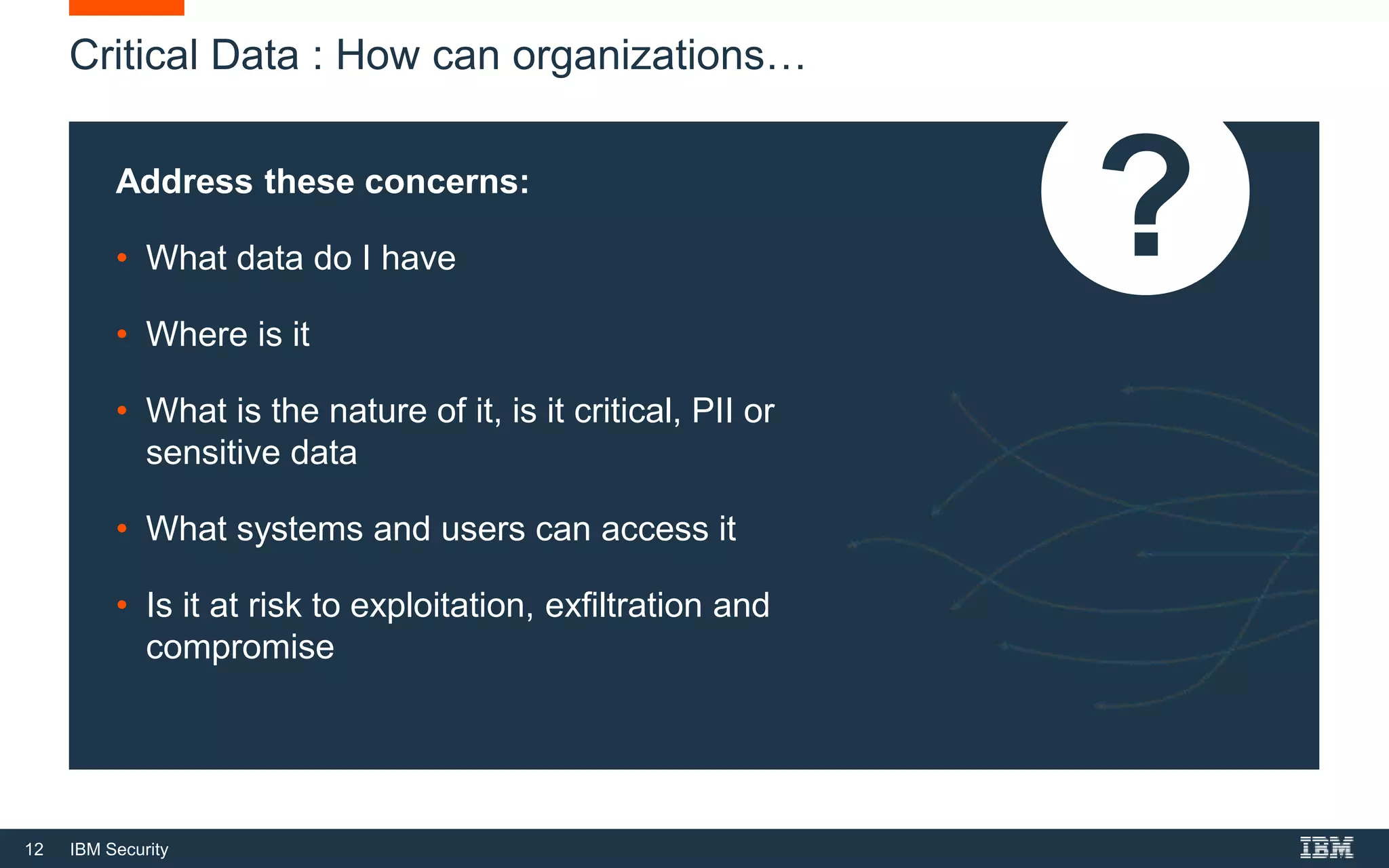 12 IBM Security
Critical Data : How can organizations…
Address these concerns:
• What data do I have
• Where is it
• What is the nature of it, is it critical, PII or
sensitive data
• What systems and users can access it
• Is it at risk to exploitation, exfiltration and
compromise
 