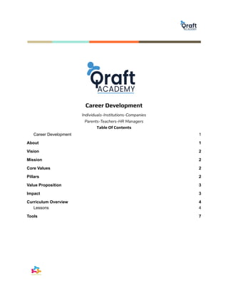 Career Development
Individuals-Institutions-Companies
Parents-Teachers-HR Managers
Table Of Contents
Career Development 1
About 1
Vision 2
Mission 2
Core Values 2
Pillars 2
Value Proposition 3
Impact 3
Curriculum Overview 4
Lessons 4
Tools 7
 