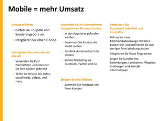 Mobile = mehr Umsatz
Umsatz erhöhen

» Bieten Sie Coupons and
Sonderangebote an.
» Integrieren Sie einen E-Shop

Bewerben Sie Ihr Unternehmen
und gewinnen Sie neue Kunden
» In den Appstores gefunden
werden
» Gewinnen Sie Kunden die
mobil suchen.

Interagieren Sie jederzeit und
überall

» Ein-Klick-Anruf verkürzt die
Distanz

» Versenden Sie Push
Nachrichten und erreichen
Sie Ihre Kunden jederzeit

» Virales Marketing via
Facebook, Twitter und Co.

» Teilen Sie Inhalte wie Fotos,
social feeds, Videos, und
mehr.

Steigern Sie die Effizienz
» Sammeln Sie Feedback von
Ihren Kunden

Verbessern Sie
Kundenzufriedenheit und
Interaktion
Führen Sie neue
Kommunikationswege mit Ihren
Kunden ein und profitieren Sie von
weniger Print-Werbungskosten
Integrieren Sie Treue Programme
Zeigen Sie Kunden Ihre
Bewertungen, Landkarten, Wegbesc
hreibungen und Kontakt
Informationen

 