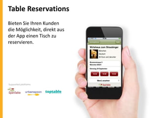 Table Reservations
Bieten Sie Ihren Kunden
die Möglichkeit, direkt aus
der App einen Tisch zu
reservieren.

Supported platforms:

 