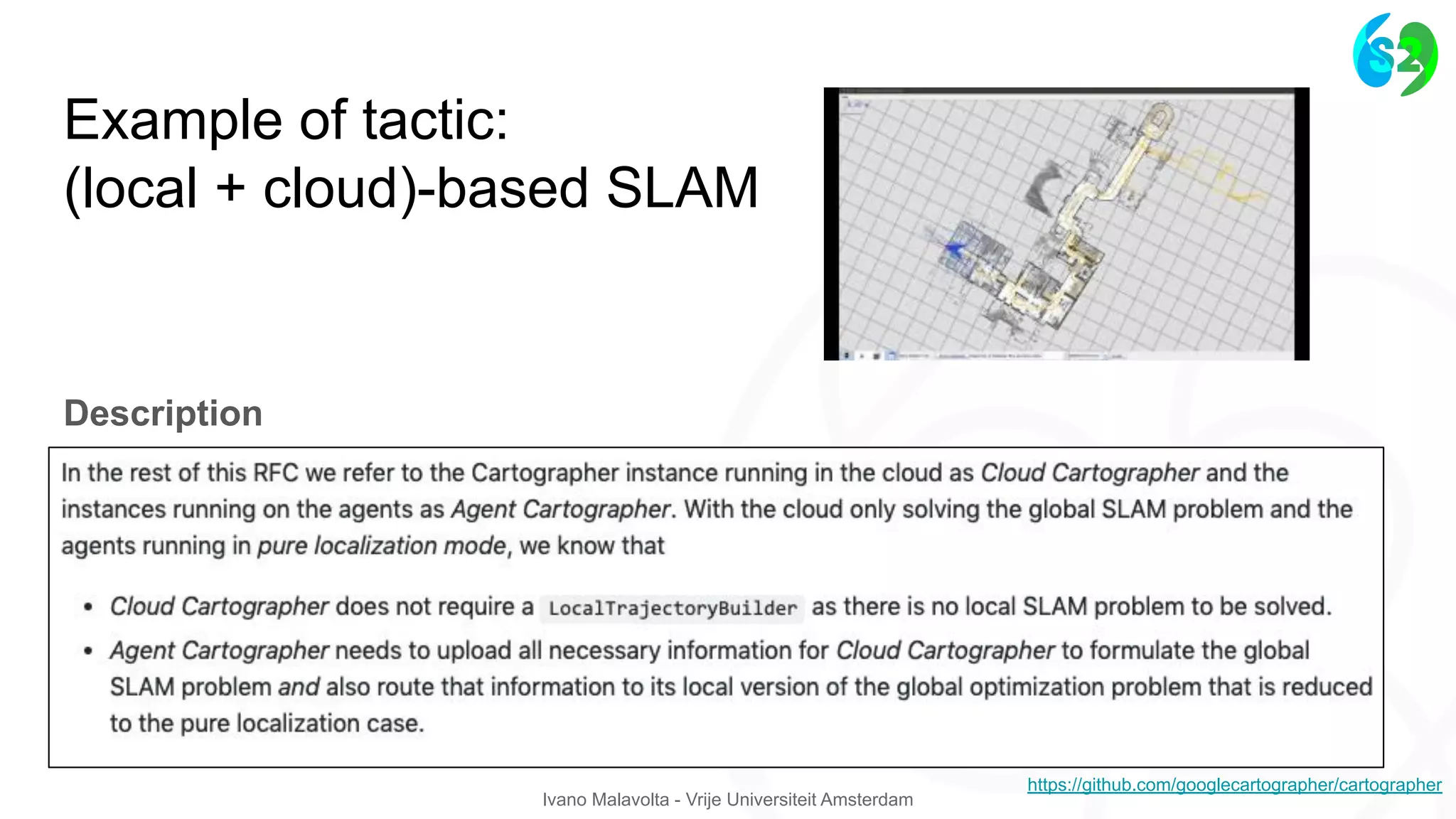 Ivano Malavolta - Vrije Universiteit Amsterdam
Example of tactic:
(local + cloud)-based SLAM
Description
https://github.com/googlecartographer/cartographer
 