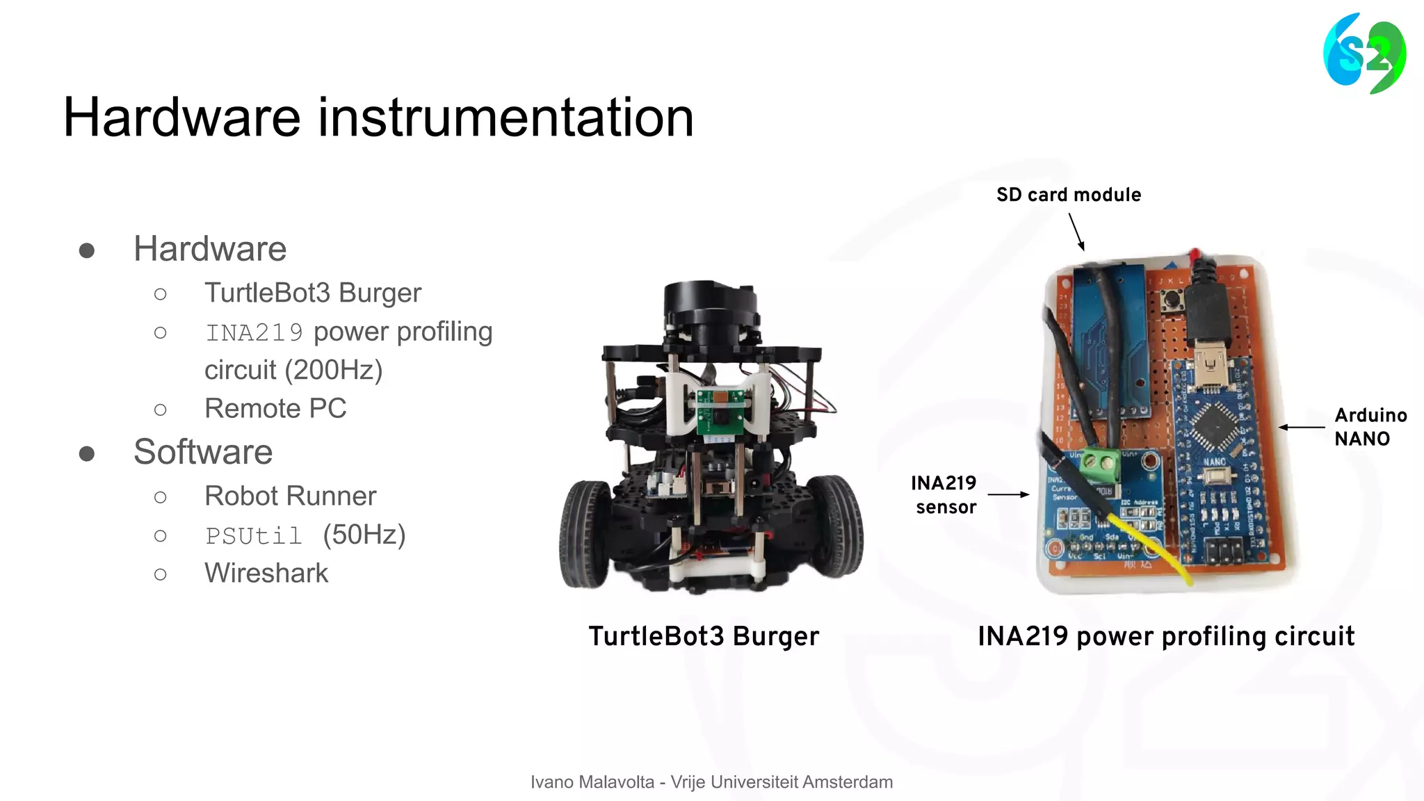 Ivano Malavolta - Vrije Universiteit Amsterdam
Hardware instrumentation
● Hardware
○ TurtleBot3 Burger
○ INA219 power profiling
circuit (200Hz)
○ Remote PC
● Software
○ Robot Runner
○ PSUtil (50Hz)
○ Wireshark
TurtleBot3 Burger INA219 power proﬁling circuit
SD card module
INA219
sensor
Arduino
NANO
 
