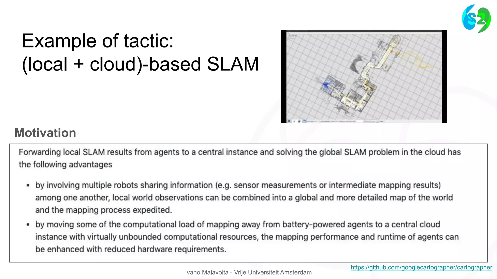 Ivano Malavolta - Vrije Universiteit Amsterdam
Example of tactic:
(local + cloud)-based SLAM
Motivation
https://github.com/googlecartographer/cartographer
 