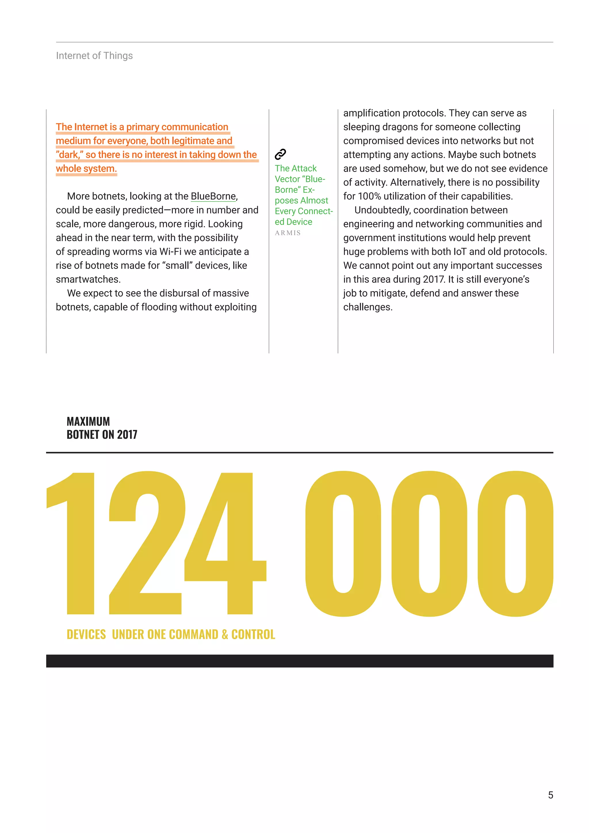 5
The Internet is a primary communication
medium for everyone, both legitimate and
”dark,” so there is no interest in taking down the
whole system.
More botnets, looking at the BlueBorne,
could be easily predicted—more in number and
scale, more dangerous, more rigid. Looking
ahead in the near term, with the possibility
of spreading worms via Wi-Fi we anticipate a
rise of botnets made for “small” devices, like
smartwatches.
We expect to see the disbursal of massive
botnets, capable of flooding without exploiting
amplification protocols. They can serve as
sleeping dragons for someone collecting
compromised devices into networks but not
attempting any actions. Maybe such botnets
are used somehow, but we do not see evidence
of activity. Alternatively, there is no possibility
for 100% utilization of their capabilities.
Undoubtedly, coordination between
engineering and networking communities and
government institutions would help prevent
huge problems with both IoT and old protocols.
We cannot point out any important successes
in this area during 2017. It is still everyone’s
job to mitigate, defend and answer these
challenges.
The Attack
Vector “Blue-
Borne” Ex-
poses Almost
Every Connect-
ed Device
AR MIS
Internet of Things
DEVICES UNDER ONE COMMAND & CONTROL
MAXIMUM
BOTNET ON 2017
 