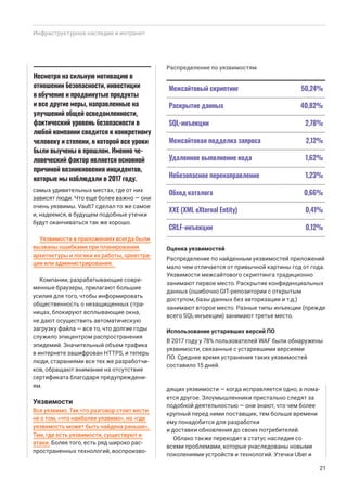 21
самых удивительных местах, где от них
зависят люди. Что еще более важно — они
очень уязвимы. Vault7 сделал то же самое
и, надеемся, в будущем подобные утечки
будут оканчиваться так же хорошо.
Уязвимости в приложениях всегда были
вызваны ошибками при планировании
архитектуры и логики их работы, оркестра-
ции или администрирования.
Компании, разрабатывающие совре-
менные браузеры, прилагают большие
усилия для того, чтобы информировать
общественность о незащищенных стра-
ницах, блокируют всплывающие окна,
не дают осуществить автоматическую
загрузку файла — все то, что долгие годы
служило эпицентром распространения
эпидемий. Значительный объем трафика
в интернете зашифрован HTTPS, и теперь
люди, стараниями все тех же разработчи-
ков, обращают внимание на отсутствие
сертификата благодаря предупреждени-
ям.
Уязвимости
Все уязвимо. Так что разговор стоит вести
не о том, «что наиболее уязвимо», но «где
уязвимость может быть найдена раньше».
Там, где есть уязвимости, существуют и
атаки. Более того, есть ряд широко рас-
пространенных технологий, воспроизво-
дящих уязвимости — когда исправляется одно, а лома-
ется другое. Злоумышленники пристально следят за
подобной деятельностью — они знают, что чем более
крупный перед ними поставщик, тем больше времени
ему понадобится для разработки
и доставки обновления до своих потребителей.
Облако также переходит в статус наследия со
всеми проблемами, которые унаследованы новыми
поколениями устройств и технологий. Утечки Uber и
Инфраструктурное наследие и интранет
Несмотря на сильную мотивацию в
отношении безопасности, инвестиции
в обучение и продвинутые продукты
и все другие меры, направленные на
улучшений общей осведомленности,
фактический уровень безопасности в
любой компании сводится к конкретному
человеку и степени, в которой все уроки
были выучены в прошлом. Именно че-
ловеческий фактор является основной
причиной возникновения инцидентов,
которые мы наблюдали в 2017 году.
Межсайтовый скриптинг 50,24%
Раскрытие данных 40,82%
SQL-инъекции 2,78%
Межсайтовая подделка запроса 2,12%
Удаленное выполнение кода 1,62%
Небезопасное перенаправление 1,23%
Обход каталога 0,66%
XXE (XML eXternal Entity) 0,41%
CRLF-инъекции 0,12%
Распределение по уязвимостям
Оценка уязвимостей
Распределение по найденным уязвимостей приложений
мало чем отличается от привычной картины год от года.
Уязвимости межсайтового скриптинга традиционно
занимают первое место. Раскрытие конфиденциальных
данных (ошибочно GIT-репозитории с открытым
доступом, базы данных без авторизации и т.д.)
занимают второе место. Разные типы инъекции (прежде
всего SQL-инъекции) занимают третье место.
Использование устаревших версий ПО
В 2017 году у 78% пользователей WAF были обнаружены
уязвимости, связанные с устаревшими версиями
ПО. Среднее время устранения таких уязвимостей
составило 15 дней.
 