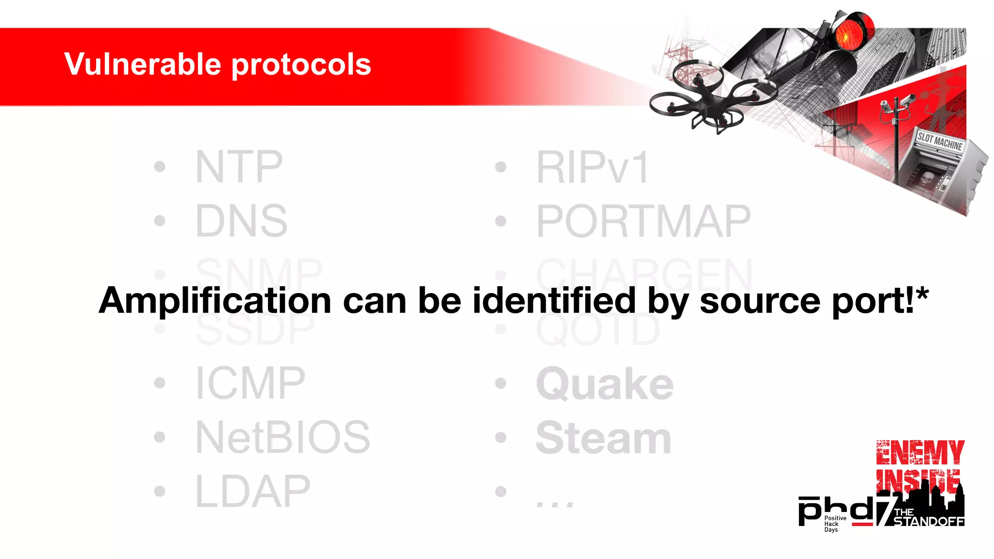 • NTP
• DNS
• SNMP
• SSDP
• ICMP
• NetBIOS
• LDAP
• RIPv1
• PORTMAP
• CHARGEN
• QOTD
• Quake
• Steam
• …
Vulnerable protocols
Amplification can be identified by source port!*
 