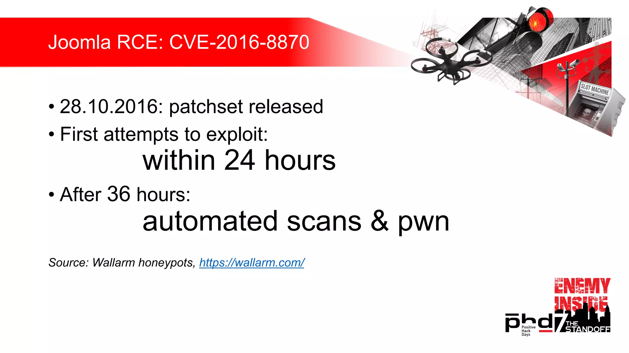 Joomla RCE: CVE-2016-8870
• 28.10.2016: patchset released
• First attempts to exploit:
within 24 hours
• After 36 hours:
automated scans & pwn
Source: Wallarm honeypots, https://wallarm.com/
 