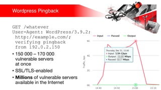 Wordpress Pingback
GET /whatever
User-Agent: WordPress/3.9.2;
http://example.com/;
verifying pingback
from 192.0.2.150
• 150 000 – 170 000
vulnerable servers
at once
• SSL/TLS-enabled
• Millions of vulnerable servers
available in the Internet
 