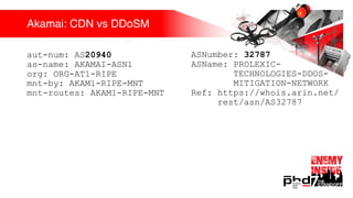 Akamai: CDN vs DDoSM
aut-num: AS20940
as-name: AKAMAI-ASN1
org: ORG-AT1-RIPE
mnt-by: AKAM1-RIPE-MNT
mnt-routes: AKAM1-RIPE-MNT
ASNumber: 32787
ASName: PROLEXIC-
TECHNOLOGIES-DDOS-
MITIGATION-NETWORK
Ref: https://whois.arin.net/
rest/asn/AS32787
 