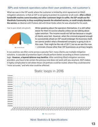 ISPs and network operators solve their own problems, not customer’s
While speaking about the operators themselves, it is still rather
easier for them to survive attacks unless we are talking about
cyber extortion. The income would not fall low because a couple
of clients were lost. However, when the criminal prepared enough
to successfully attack an ISP would endanger the business itself,
we cannot predict what a threatened company is going to do in
this case. That might be the risk of 2017, but as we see this now
— criminals choose other than ISP businesses as primary targets.
Next: Statistics & Specifications
What we saw in the ISP world, where the customer is limited by strict agreement on DDoS
mitigation solutions, is that an ISP is not going to protect its customer at all costs. After a DDoS
bandwidth reaches some boundary and other customers begin to suffer, the ISP would use the
Blackhole Community to drop everything towards the attacked service, or could simply abandon
the service, as Akamai with Prolexic did with Brian Krebs when he was attacked for his work.
In our practice, we often come across a peculiar fact: many clients use multiple mitigation
solutions. A cascade of protection layers should perform better according to these customers'
logic. However, a layered defense may backfire. After switching DDoS mitigation services
providers, you have to be certain the previous one does not work with you anymore. BGP makes
it highly complicated to tell where those /25 prefixes could be routed, where they could become
“more accurate,” and who else could be affected.
Static loops in 2016
13
 