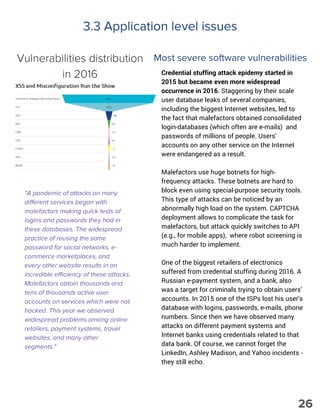 3.3 Application level issues
Most severe software vulnerabilities
Credential stuffing attack epidemy started in
2015 but became even more widespread
occurrence in 2016. Staggering by their scale
user database leaks of several companies,
including the biggest Internet websites, led to
the fact that malefactors obtained consolidated
login-databases (which often are e-mails) and
passwords of millions of people. Users'
accounts on any other service on the Internet
were endangered as a result.
Malefactors use huge botnets for high-
frequency attacks. These botnets are hard to
block even using special-purpose security tools.
This type of attacks can be noticed by an
abnormally high load on the system. CAPTCHA
deployment allows to complicate the task for
malefactors, but attack quickly switches to API
(e.g., for mobile apps), where robot screening is
much harder to implement.
One of the biggest retailers of electronics
suffered from credential stuffing during 2016. A
Russian e-payment system, and a bank, also
was a target for criminals trying to obtain users’
accounts. In 2015 one of the ISPs lost his user's
database with logins, passwords, e-mails, phone
numbers. Since then we have observed many
attacks on different payment systems and
Internet banks using credentials related to that
data bank. Of course, we cannot forget the
LinkedIn, Ashley Madison, and Yahoo incidents -
they still echo.
"A pandemic of attacks on many
different services began with
malefactors making quick tests of
logins and passwords they had in
these databases. The widespread
practice of reusing the same
password for social networks, e-
commerce marketplaces, and
every other website results in an
incredible efficiency of these attacks.
Malefactors obtain thousands and
tens of thousands active user
accounts on services which were not
hacked. This year we observed
widespread problems among online
retailers, payment systems, travel
websites, and many other
segments."
Vulnerabilities distribution
in 2016
26
 