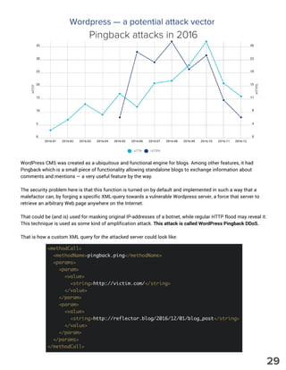 WordPress CMS was created as a ubiquitous and functional engine for blogs. Among other features, it had
Pingback which is a small piece of functionality allowing standalone blogs to exchange information about
comments and mentions — a very useful feature by the way.
The security problem here is that this function is turned on by default and implemented in such a way that a
malefactor can, by forging a specific XML-query towards a vulnerable Wordpress server, a force that server to
retrieve an arbitrary Web page anywhere on the Internet.
That could be (and is) used for masking original IP-addresses of a botnet, while regular HTTP flood may reveal it.
This technique is used as some kind of amplification attack. This attack is called WordPress Pingback DDoS.
That is how a custom XML query for the attacked server could look like:
Wordpress — a potential attack vector
Pingback attacks in 2016
29
 