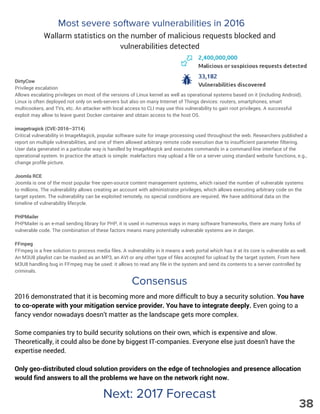 DirtyCow
Privilege escalation
Allows escalating privileges on most of the versions of Linux kernel as well as operational systems based on it (including Android).
Linux is often deployed not only on web-servers but also on many Internet of Things devices: routers, smartphones, smart
multicookers, and TVs, etc. An attacker with local access to CLI may use this vulnerability to gain root privileges. A successful
exploit may allow to leave guest Docker container and obtain access to the host OS.
imagetragick (CVE-2016–3714)
Critical vulnerability in ImageMagick, popular software suite for image processing used throughout the web. Researchers published a
report on multiple vulnerabilities, and one of them allowed arbitrary remote code execution due to insufficient parameter filtering.
User data generated in a particular way is handled by ImageMagick and executes commands in a command-line interface of the
operational system. In practice the attack is simple: malefactors may upload a file on a server using standard website functions, e.g.,
change profile picture.
Joomla RCE
Joomla is one of the most popular free open-source content management systems, which raised the number of vulnerable systems
to millions. The vulnerability allows creating an account with administrator privileges, which allows executing arbitrary code on the
target system. The vulnerability can be exploited remotely, no special conditions are required. We have additional data on the
timeline of vulnerability lifecycle.
PHPMailer
PHPMailer is an e-mail sending library for PHP, it is used in numerous ways in many software frameworks, there are many forks of
vulnerable code. The combination of these factors means many potentially vulnerable systems are in danger.
FFmpeg
FFmpeg is a free solution to process media files. A vulnerability in it means a web portal which has it at its core is vulnerable as well.
An M3U8 playlist can be masked as an MP3, an AVI or any other type of files accepted for upload by the target system. From here
M3U8 handling bug in FFmpeg may be used: it allows to read any file in the system and send its contents to a server controlled by
criminals.
Consensus
2016 demonstrated that it is becoming more and more difficult to buy a security solution. You have
to co-operate with your mitigation service provider. You have to integrate deeply. Even going to a
fancy vendor nowadays doesn’t matter as the landscape gets more complex.
Some companies try to build security solutions on their own, which is expensive and slow.
Theoretically, it could also be done by biggest IT-companies. Everyone else just doesn't have the
expertise needed.
Only geo-distributed cloud solution providers on the edge of technologies and presence allocation
would find answers to all the problems we have on the network right now.
Next: 2017 Forecast
Most severe software vulnerabilities in 2016
Wallarm statistics on the number of malicious requests blocked and
vulnerabilities detected
38
 