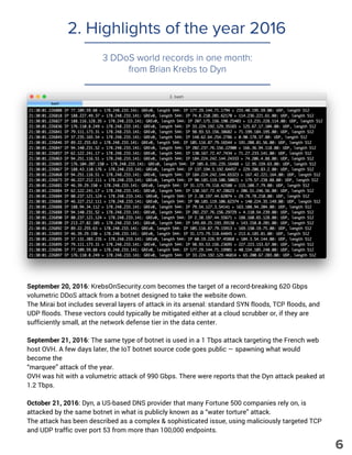 2. Highlights of the year 2016
September 20, 2016: KrebsOnSecurity.com becomes the target of a record-breaking 620 Gbps
volumetric DDoS attack from a botnet designed to take the website down.
The Mirai bot includes several layers of attack in its arsenal: standard SYN floods, TCP floods, and
UDP floods. These vectors could typically be mitigated either at a cloud scrubber or, if they are
sufficiently small, at the network defense tier in the data center.
September 21, 2016: The same type of botnet is used in a 1 Tbps attack targeting the French web
host OVH. A few days later, the IoT botnet source code goes public — spawning what would
become the
“marquee” attack of the year.
OVH was hit with a volumetric attack of 990 Gbps. There were reports that the Dyn attack peaked at
1.2 Tbps.
October 21, 2016: Dyn, a US-based DNS provider that many Fortune 500 companies rely on, is
attacked by the same botnet in what is publicly known as a “water torture” attack.
The attack has been described as a complex & sophisticated issue, using maliciously targeted TCP
and UDP traffic over port 53 from more than 100,000 endpoints.
3 DDoS world records in one month:
from Brian Krebs to Dyn
6
 