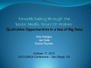 Kris Hodges
Jen Dale
Dorrie Paynter
October 17, 2013
2013 QRCA Conference – San Diego, CA

 
