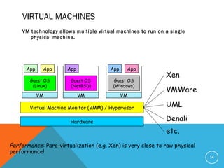 VIRTUAL MACHINES
VM technology allows multiple virtual machines to run on a single
physical machine.
14
Hardware
Virtual Machine Monitor (VMM) / Hypervisor
Guest OS
(Linux)
Guest OS
(NetBSD)
Guest OS
(Windows)
VM VM VM
AppApp AppAppApp
Xen
VMWare
UML
Denali
etc.
Performance: Para-virtualization (e.g. Xen) is very close to raw physical
performance!
 