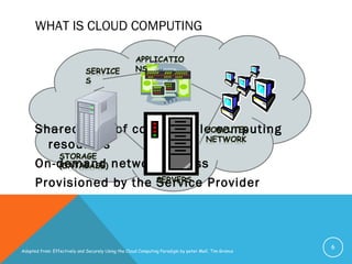 WHAT IS CLOUD COMPUTING
Shared pool of configurable computing
resources
On-demand network access
Provisioned by the Service Provider
6
Adopted from: Effectively and Securely Using the Cloud Computing Paradigm by peter Mell, Tim Grance
 