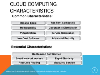 CLOUD COMPUTING
CHARACTERISTICS
7
Common Characteristics:
Low Cost SoftwareLow Cost Software
VirtualizationVirtualization Service OrientationService Orientation
Advanced SecurityAdvanced Security
HomogeneityHomogeneity
Massive ScaleMassive Scale Resilient ComputingResilient Computing
Geographic DistributionGeographic Distribution
Essential Characteristics:
Resource PoolingResource Pooling
Broad Network AccessBroad Network Access Rapid ElasticityRapid Elasticity
Measured ServiceMeasured Service
On Demand Self-ServiceOn Demand Self-Service
Adopted from: Effectively and Securely Using the Cloud Computing Paradigm by peter Mell, Tim Grance
 