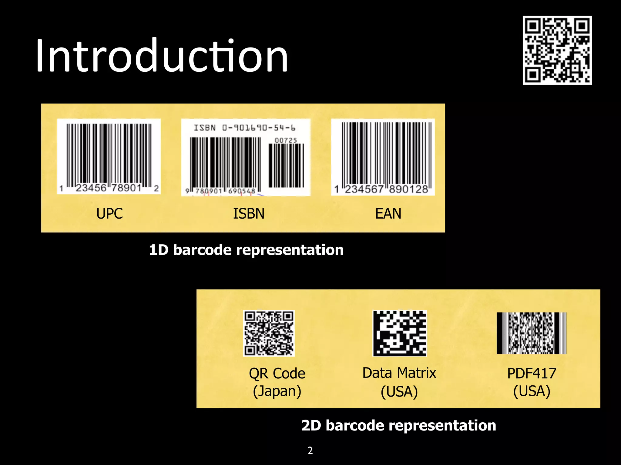 Introduc)on

  UPC             ISBN               EAN

        1D barcode representation




                    QR Code         Data Matrix        PDF417
                    (Japan)           (USA)             (USA)

                           2D barcode representation
                              2
 