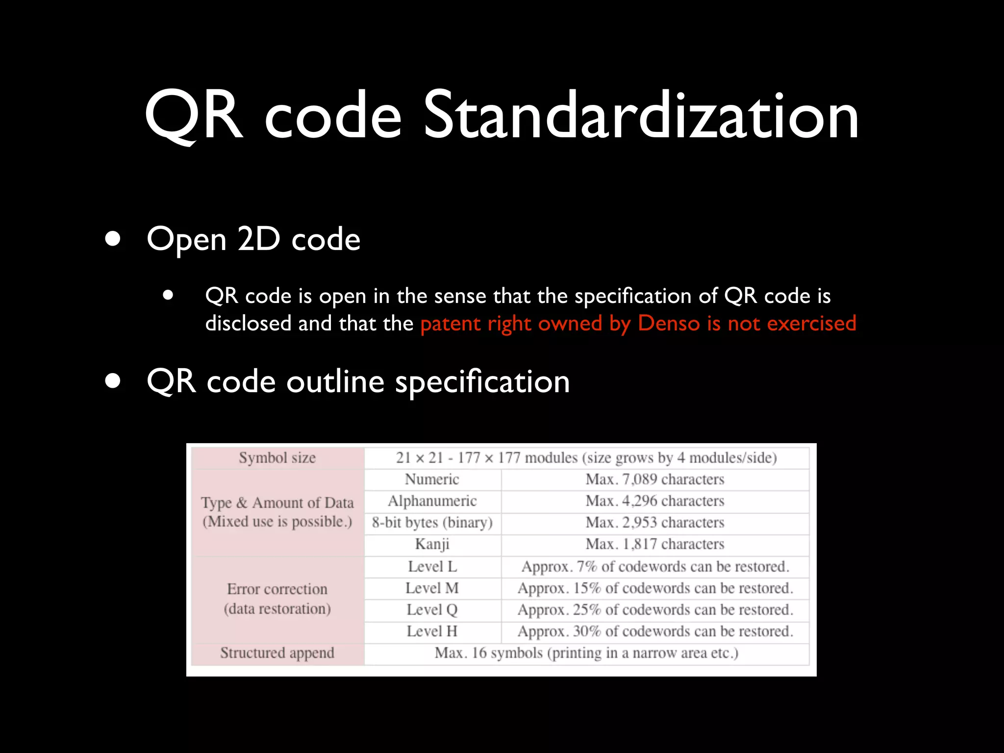 QR code Standardization
•   Open 2D code
    •   QR code is open in the sense that the speciﬁcation of QR code is
        disclosed and that the patent right owned by Denso is not exercised


•   QR code outline speciﬁcation
 
