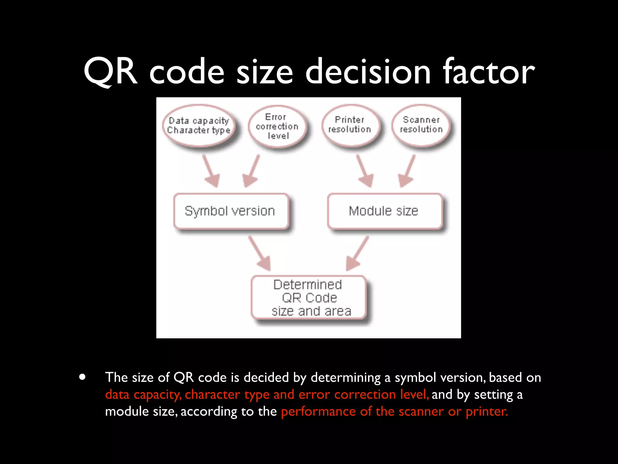 QR code size decision factor




•   The size of QR code is decided by determining a symbol version, based on
    data capacity, character type and error correction level, and by setting a
    module size, according to the performance of the scanner or printer.
 