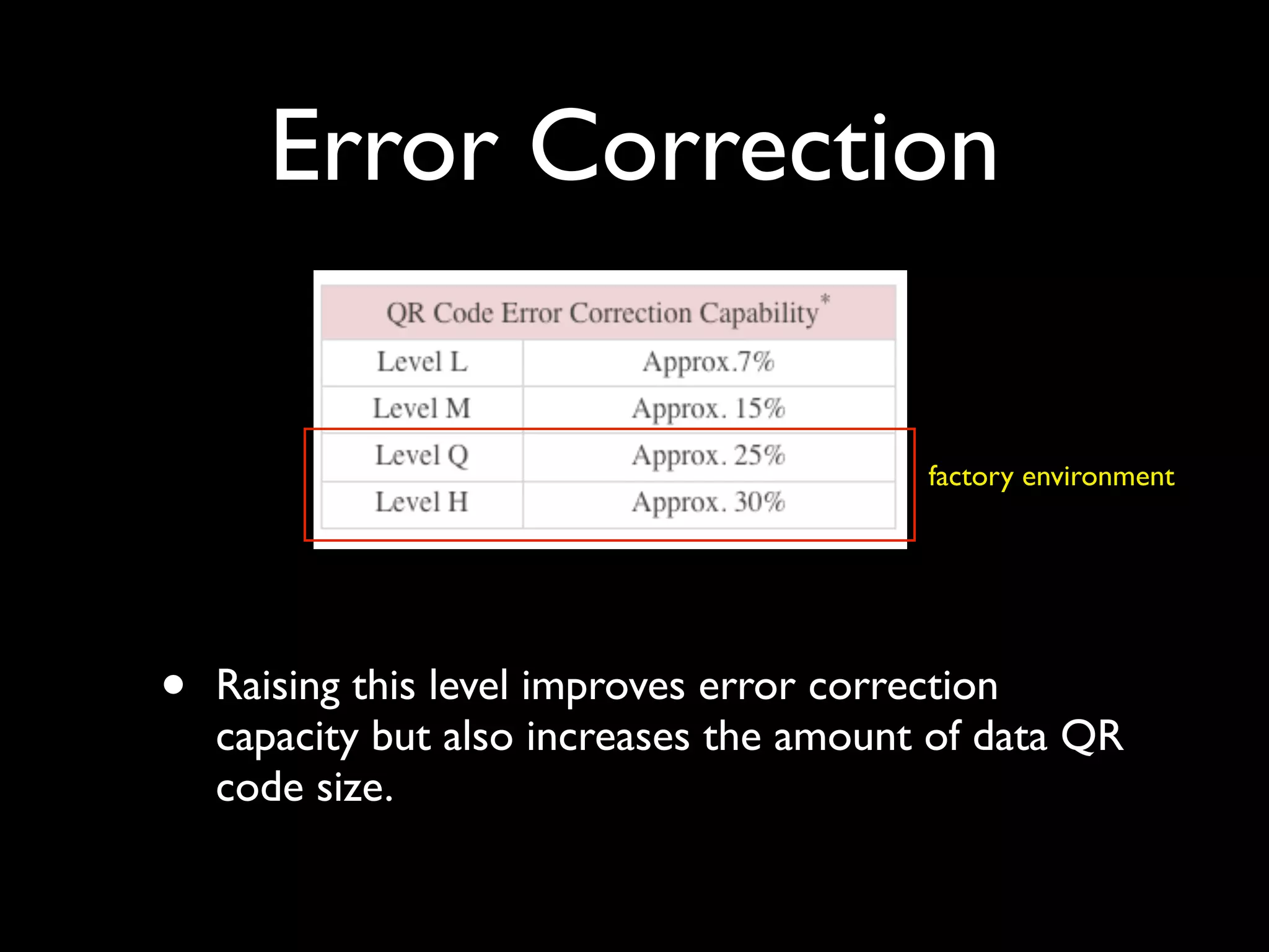 Error Correction

                                          factory environment




•   Raising this level improves error correction
    capacity but also increases the amount of data QR
    code size.
 