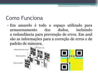 Como FuncionaEm amarelo é todo o espaço utilizado para armazenamento dos dados, incluindo a redundância para prevenção de erros. Em azul são as informações para a correção de erros e de padrão de máscara.