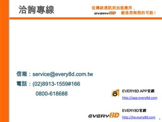 洽詢專線                    從傳統通訊到加值應用，
                               創造您無限的可能 !




信箱：service@every8d.com.tw
電話：(02)8913-1559#166
                                EVERY8D APP官網
      0800-618688
                                http://app.every8d.com


                                EVERY8D官網
                                http://tw.every8d.com    6
 