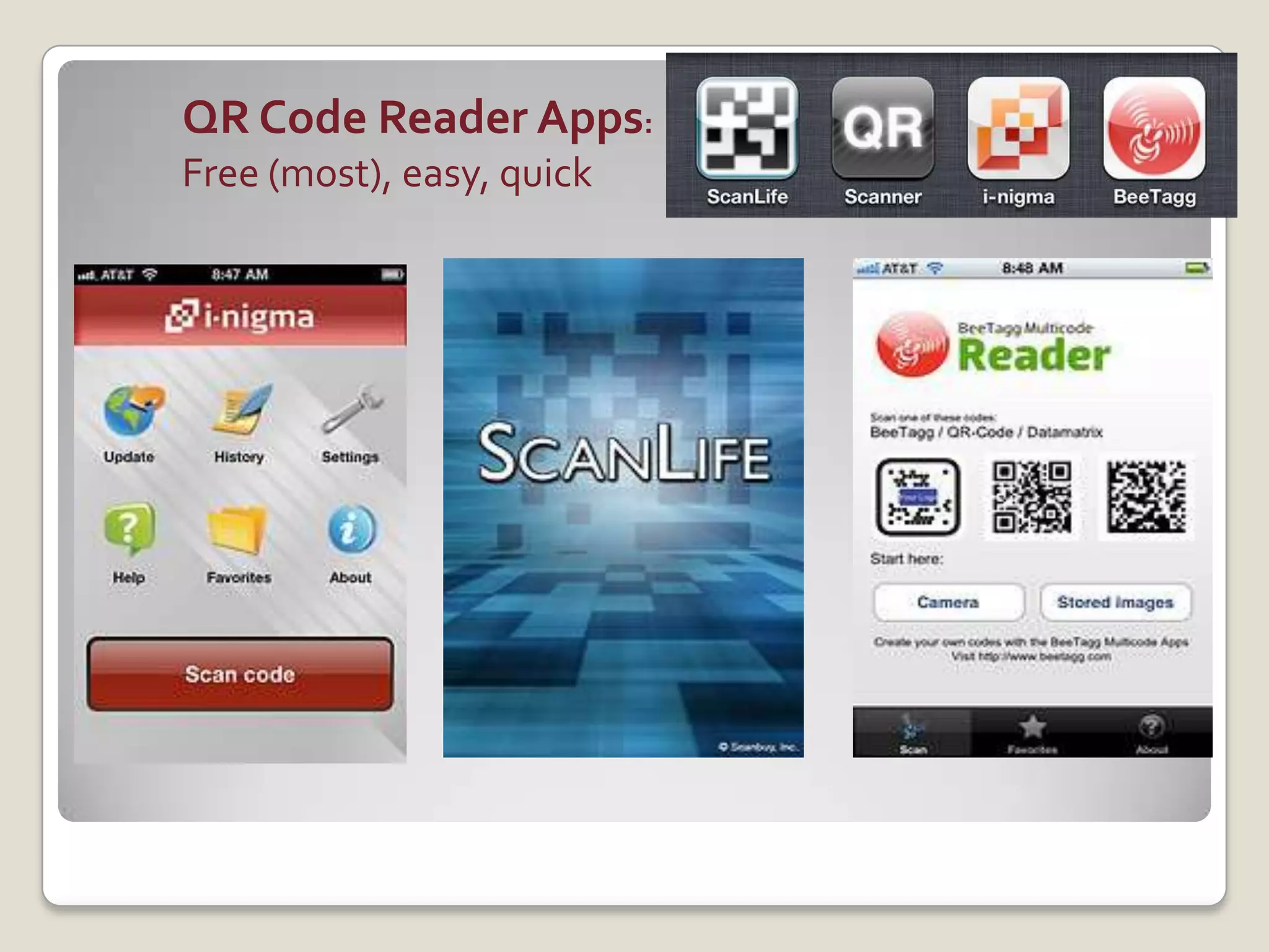QR Code Reader Apps:
Free (most), easy, quick
 