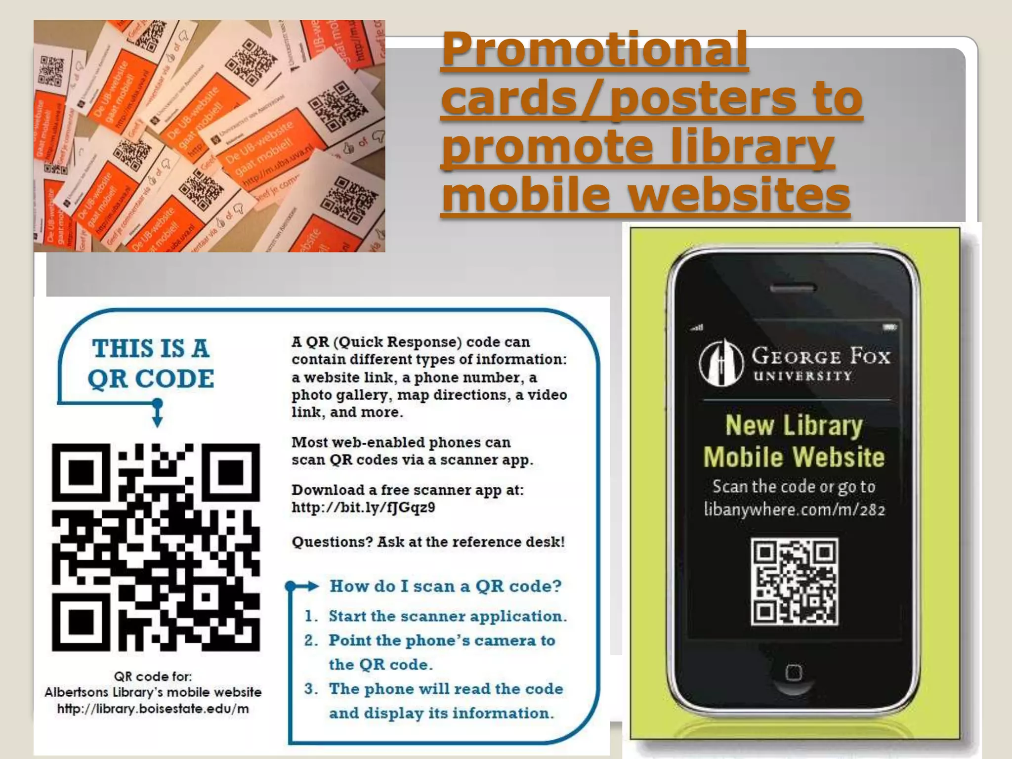 Promotional
cards/posters to
promote library
mobile websites
 