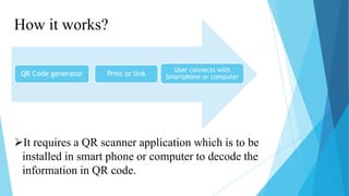 How it works?
QR Code generator

Print or link

User connects with
Smartphone or computer

It requires a QR scanner application which is to be
installed in smart phone or computer to decode the
information in QR code.

 