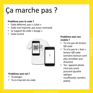 Ça marche pas ?
Problème avec le code ?
• Code déformé, pas « à plat »
• Code mal imprimé, pas assez contrasté
• Le support du code « bouge »
• Code erroné
                                             Problème avec ton




                                                                         Décembre 2010
                                             mobile ?
                                             • Tu n’as pas de lecteur
                                               QR code
                                             • Tu n’as pas le « bon »
                                               lecteur QR code
                                    ?          (certains lecteurs sont
                                               plus sensibles que
                                               d’autres)
                                             • Ton appareil photo
                                               n’est pas assez
                                               puissant (qualité
Problème avec toi ?                            optique
• Tu bouges                                    insuffisante, nombre
• Tu es trop loin du code                      pixels)



                       www.qrdresscode.com
 