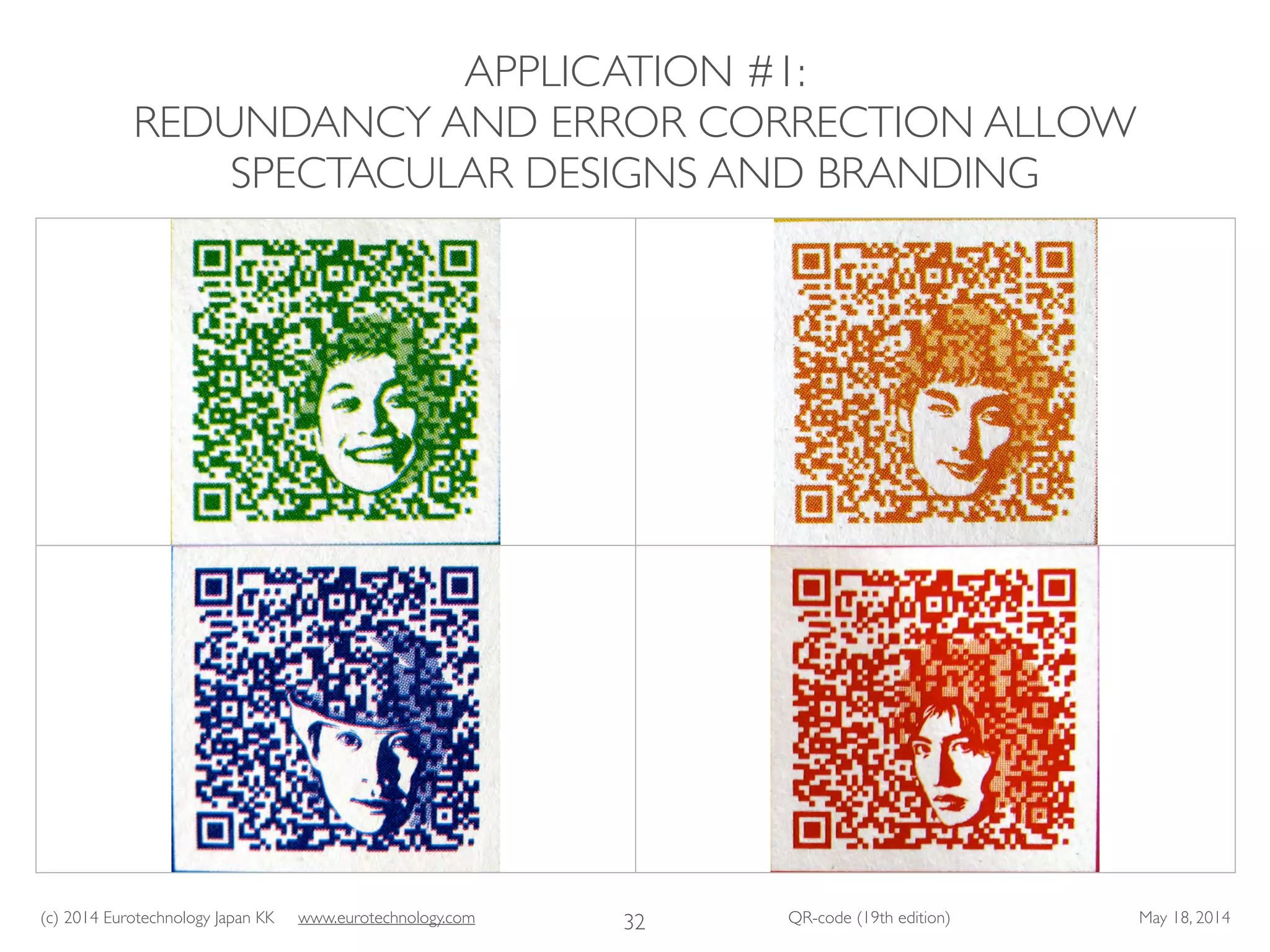 (c) 2014 Eurotechnology Japan KK www.eurotechnology.com QR-code (19th edition) May 18, 2014
APPLICATION #1:
REDUNDANCY AND ERROR CORRECTION ALLOW
SPECTACULAR DESIGNS AND BRANDING
32
 