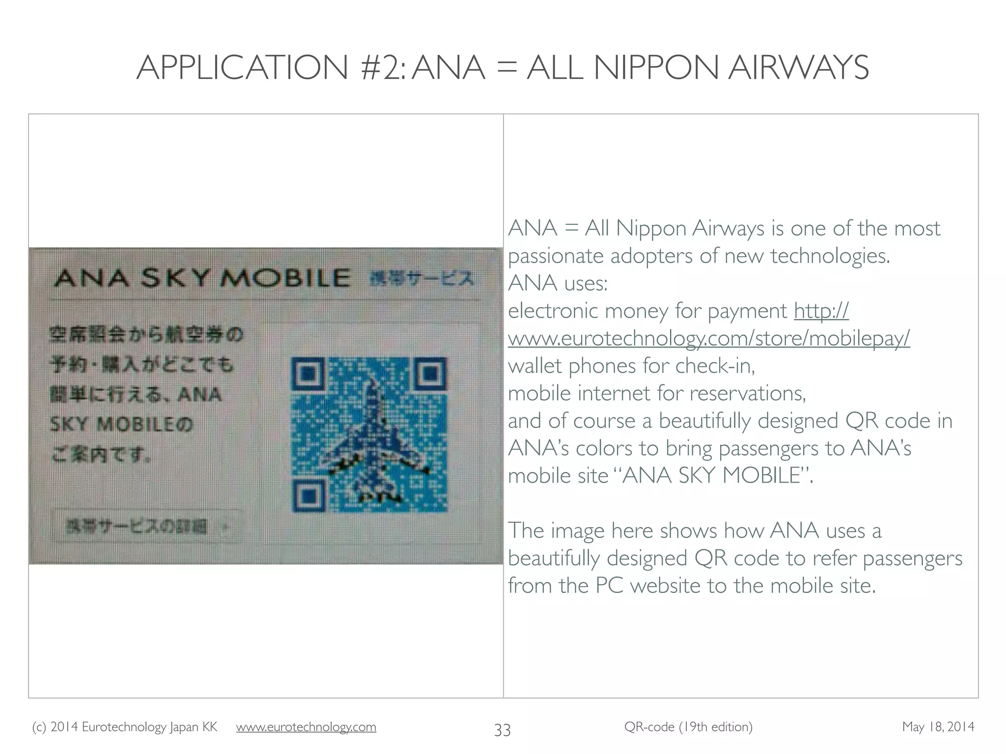 (c) 2014 Eurotechnology Japan KK www.eurotechnology.com QR-code (19th edition) May 18, 2014
APPLICATION #2:ANA = ALL NIPPON AIRWAYS
33
ANA = All Nippon Airways is one of the most
passionate adopters of new technologies. 	

ANA uses: 	

electronic money for payment http://
www.eurotechnology.com/store/mobilepay/ 	

wallet phones for check-in,	

mobile internet for reservations,	

and of course a beautifully designed QR code in
ANA’s colors to bring passengers to ANA’s
mobile site “ANA SKY MOBILE”.	

!
The image here shows how ANA uses a
beautifully designed QR code to refer passengers
from the PC website to the mobile site.
 