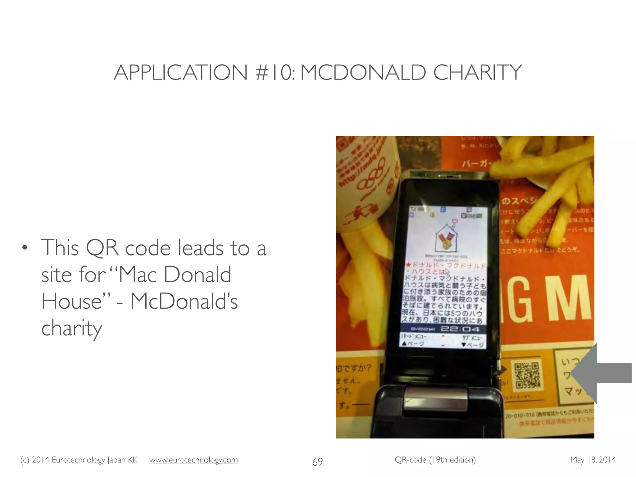 (c) 2014 Eurotechnology Japan KK www.eurotechnology.com QR-code (19th edition) May 18, 2014
APPLICATION #10: MCDONALD CHARITY
• This QR code leads to a
site for “Mac Donald
House” - McDonald’s
charity
69
 