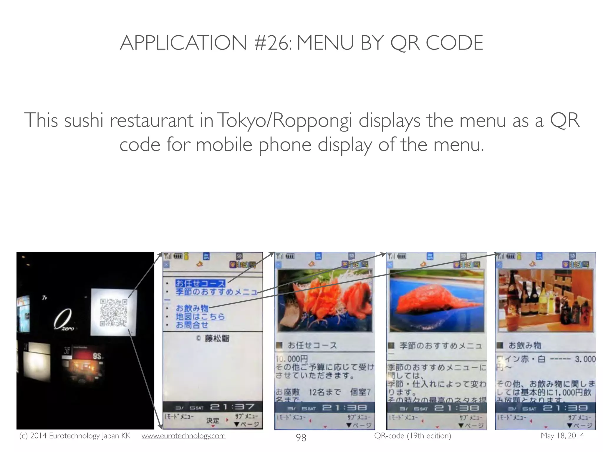 (c) 2014 Eurotechnology Japan KK www.eurotechnology.com QR-code (19th edition) May 18, 2014
APPLICATION #26: MENU BY QR CODE
98
This sushi restaurant inTokyo/Roppongi displays the menu as a QR
code for mobile phone display of the menu.
 