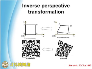 Inverse perspective
transformation
Sun et al., ICCSA 2007
 